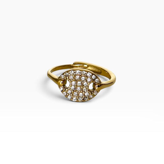 Bague Erin dorée en acier inoxydable 304 avec médaillon rond entièrement orné de strass