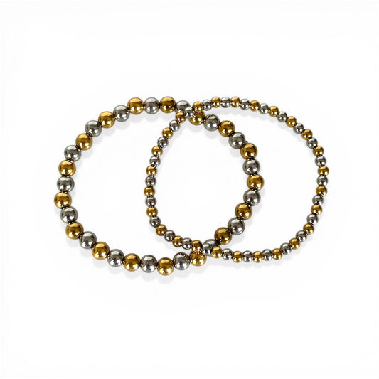 lot de deux bracelets Abby élastiques acier inoxydable plaqué or 18k billes bicolores