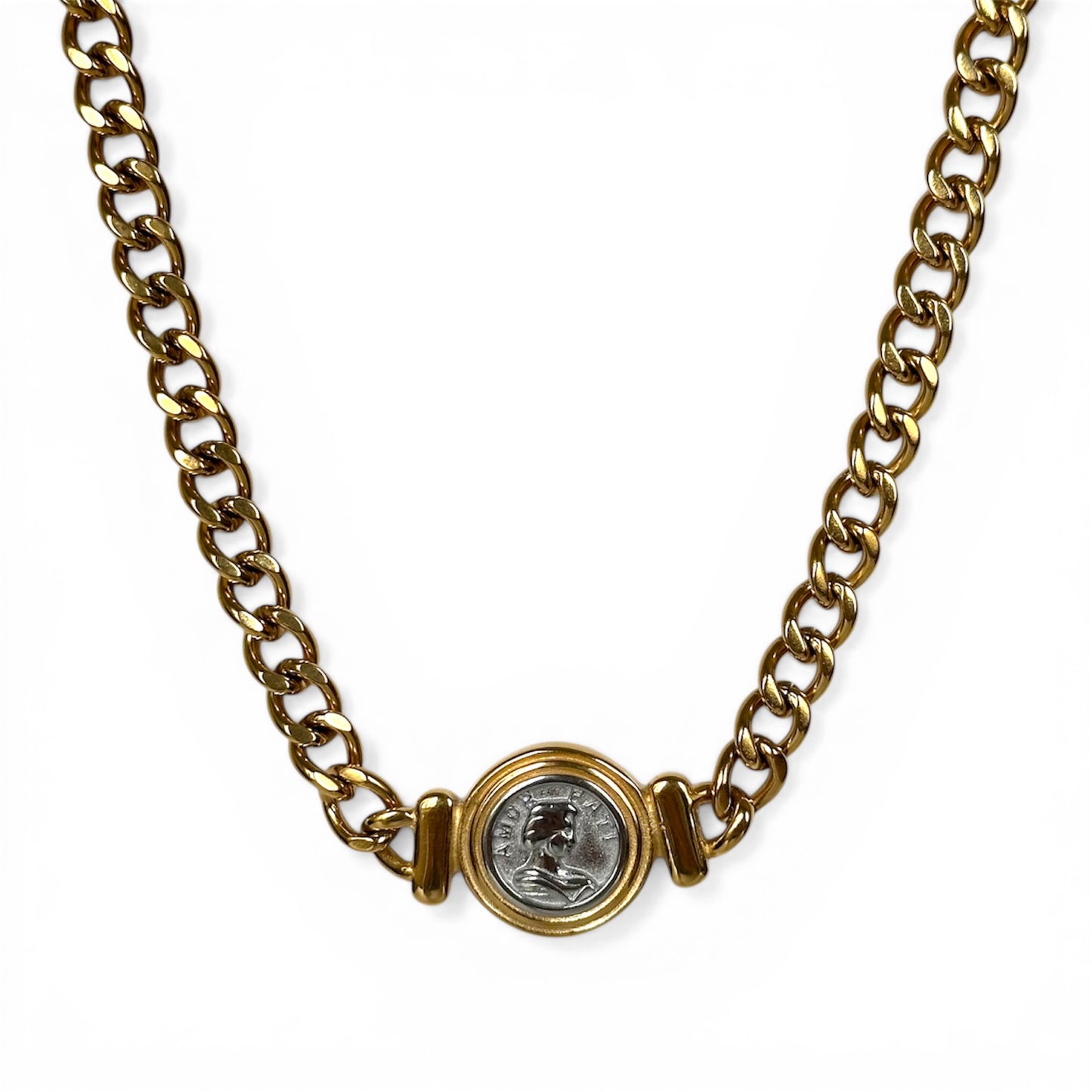 collier Fati acier inoxydable plaqué or 18k bicolore avec médaille argenté 
