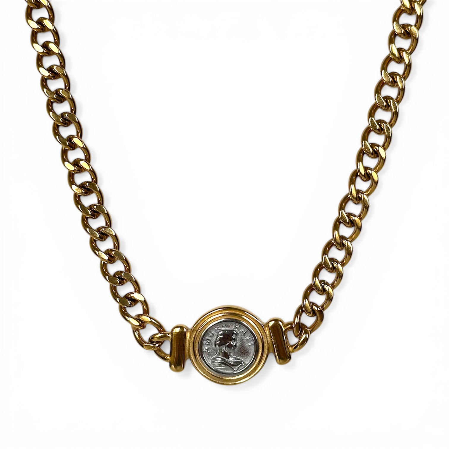 collier Fati acier inoxydable plaqué or 18k bicolore avec médaille argenté 