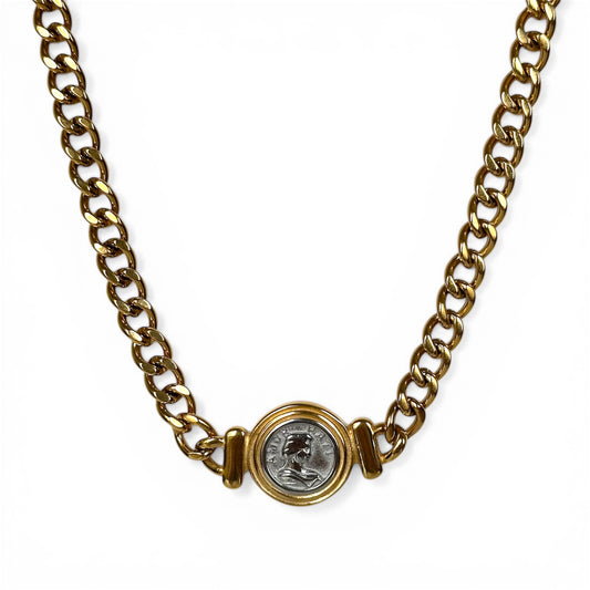collier Fati acier inoxydable plaqué or 18k bicolore avec médaille argenté 